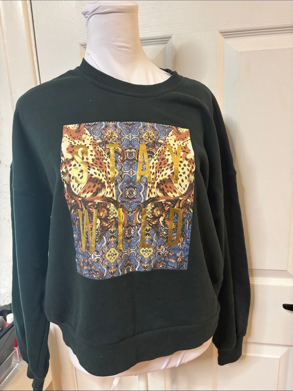 Betsey Johnson Dark Green 'Stay Wild' Graphic Crewneck Sweater